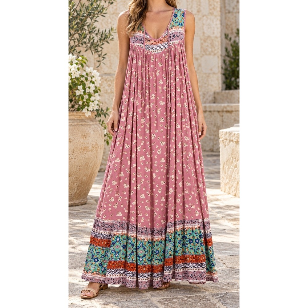 Easel Los Angeles Floral Boho Flowy Oversized Sleeveless Maxi Dress Pink Small